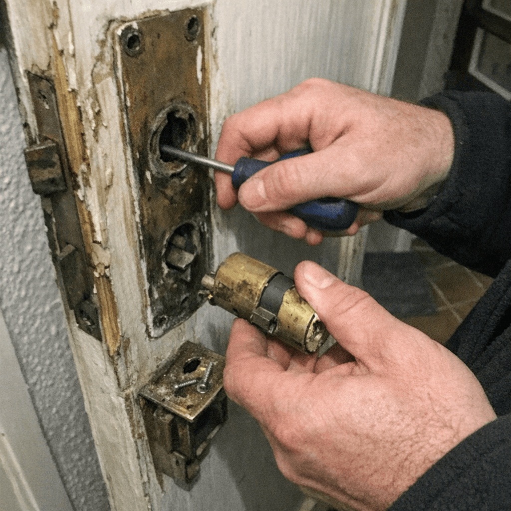 Demontage eines alten Beschlags an einer Haustür